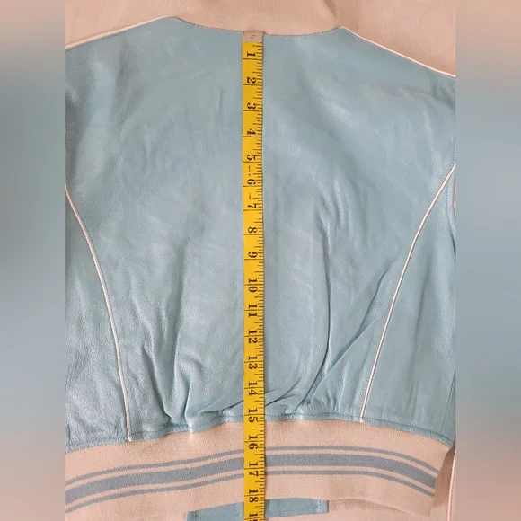 BNWT leather "Montreal" cropped bomber jacket in blue and cream vintage style - Picture 10 of 14